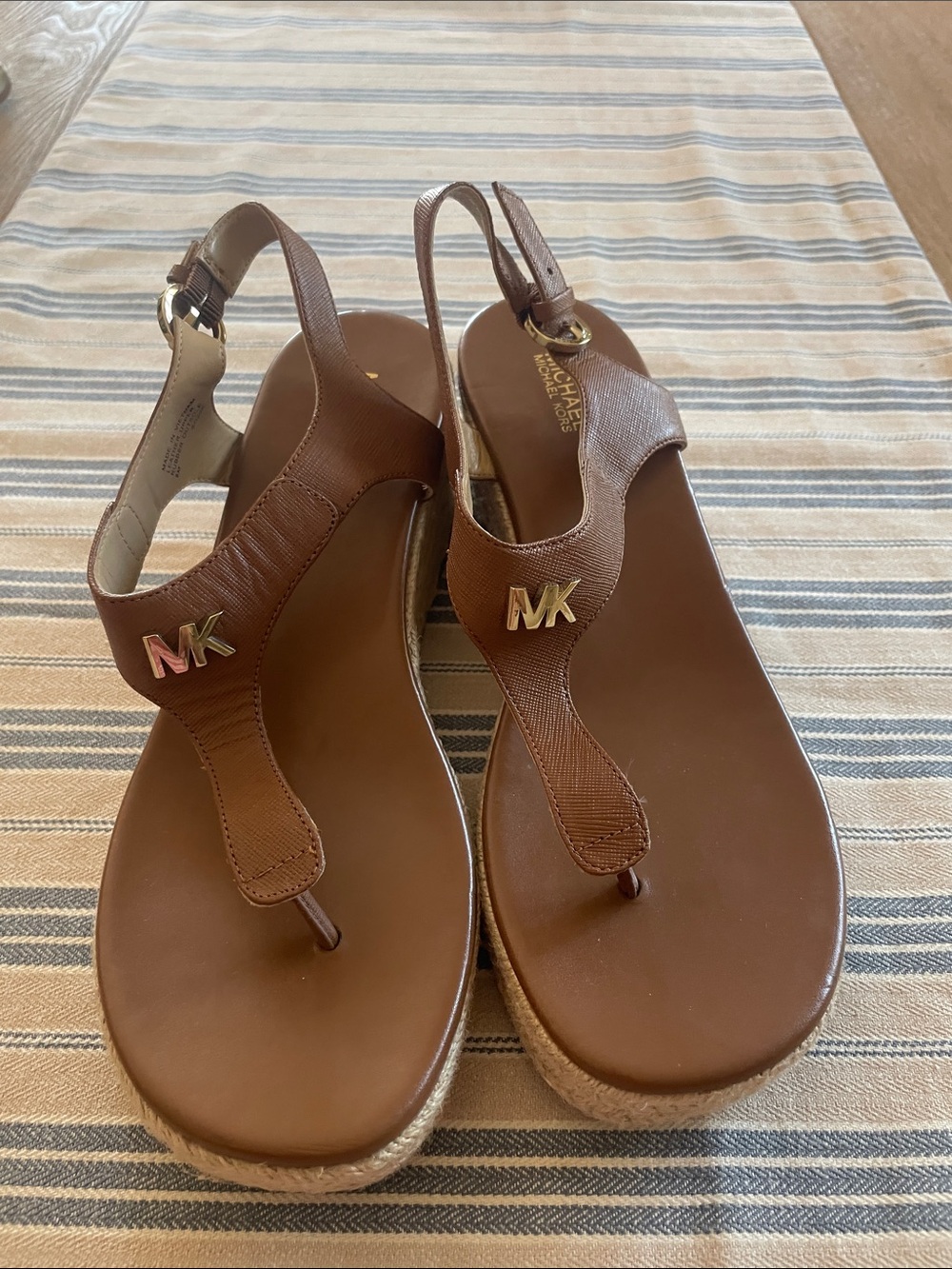 Michael Kors Brown Leather MK Thong Slingback Sandals